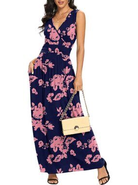 Lilbetter Women's Navy Blue Rose Sleeveless  Loose Plain Long Maxi Casual Dress